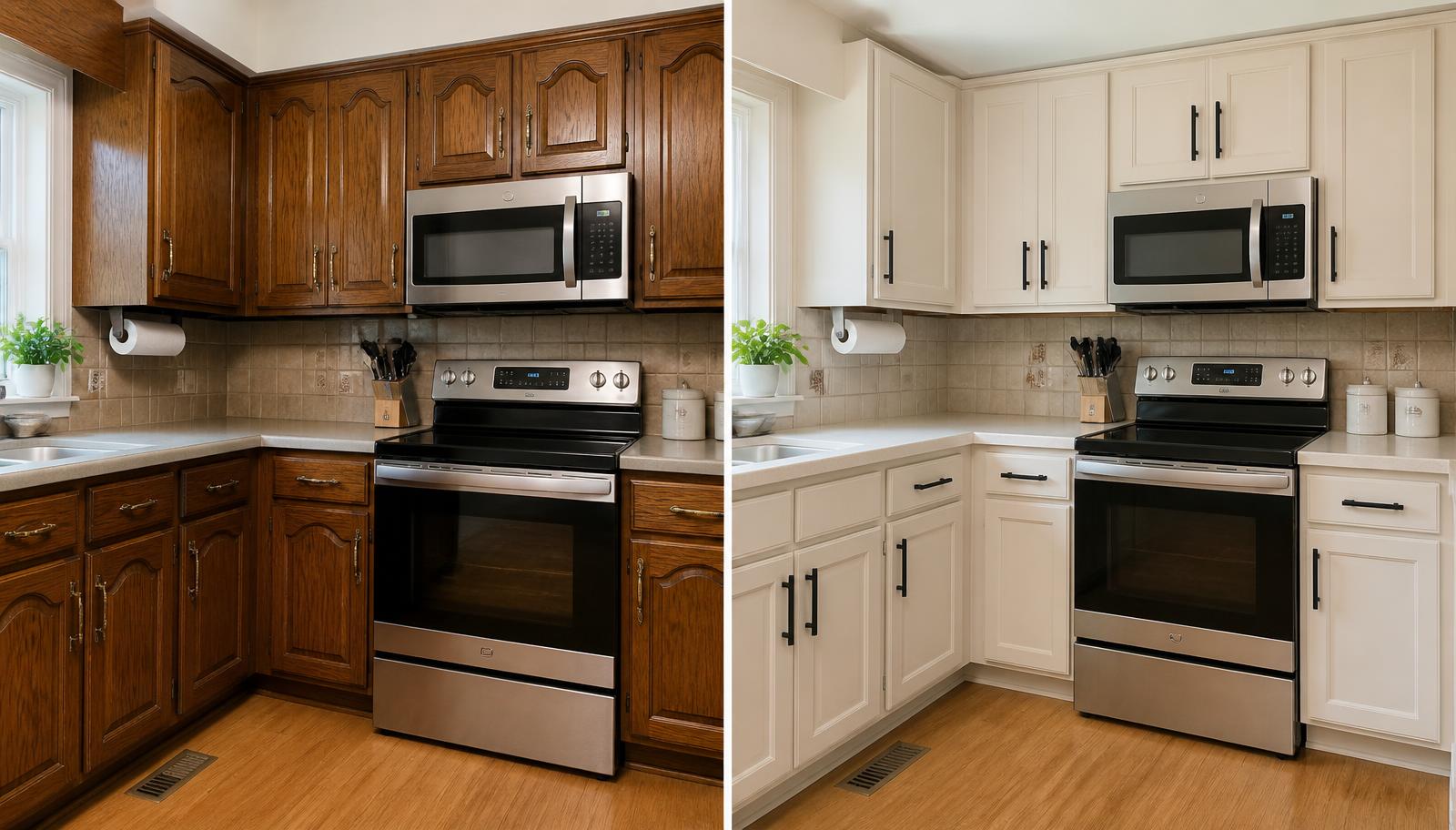 Kitchen cabinets before refinishing in dated dark oak, and after refinishing in ivory with black hardware